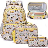Fimibuke Kids Backpack for School Boys, 3PCS Waterproof Toddler School Bag Cute Bookbag Set with Lunch Box & Pencil Case for Preschool Kindergarten Elementary Back to School Student Ages 3-12, Trucks