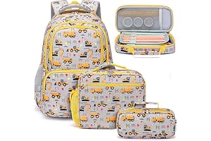 Fimibuke Kids Backpack for School Boys, 3PCS Waterproof Toddler School Bag Cute Bookbag Set with Lunch Box & Pencil Case for Preschool Kindergarten Elementary Back to School Student Ages 3-12, Trucks