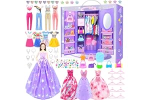 BNUZEIYI 65Pcs Doll Clothes and Accessories with Doll Closet for 11.5 Inch Doll Dress up Set with 1 Doll Fashion Dresses Outfits Tops and Pants Shoe Rack Bags Gift Toy for Girls 4 5 6 7 8 9 10 Years