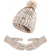 Winter Beanie Hat Gloves Set for Women, Pom Pom Fleece Lined Hat Knit Touchscreen Gloves