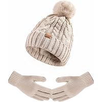 Winter Hat Gloves Set Fleece Lined Knit Beanie Touchscreen Black Beige Women MS.ING Winter Hat Scarf Gloves Set for Women Fleece Lined  main image 2