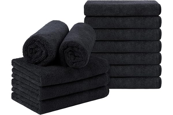 Orighty Black Salon Towel, Pack of 12 (Not Bleach Proof, 16 x 29 Inches) Super Soft and Absorbent Microfiber Hair Salon Towel