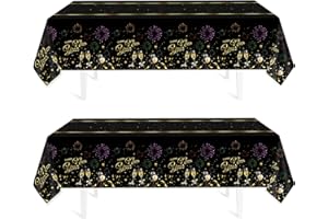 Childom 2 Pack Happy New Year Tablecloths,Happy New Years Decorations 2026,Disposable Rectangular Tablecloths Plastic 54"x108",Black and Gold Table Cloth for Home Dining Outdoor Holiday Party Supplies