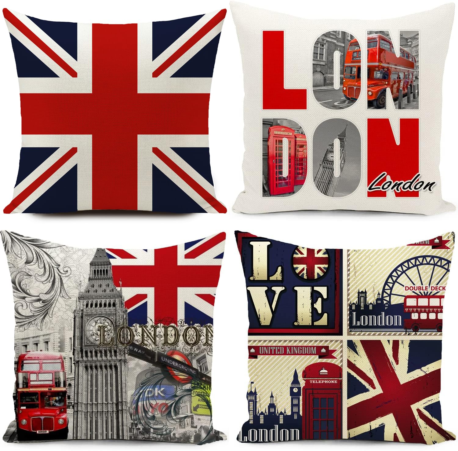 Union Jack Flags Cushion Covers British Gifts London Souvenirs Festival Party Decorations England Uk Vintage Throw Pillow Case 18x18 Inch Set of 4 Decor Home for Livingroom Bedding Sofa Office