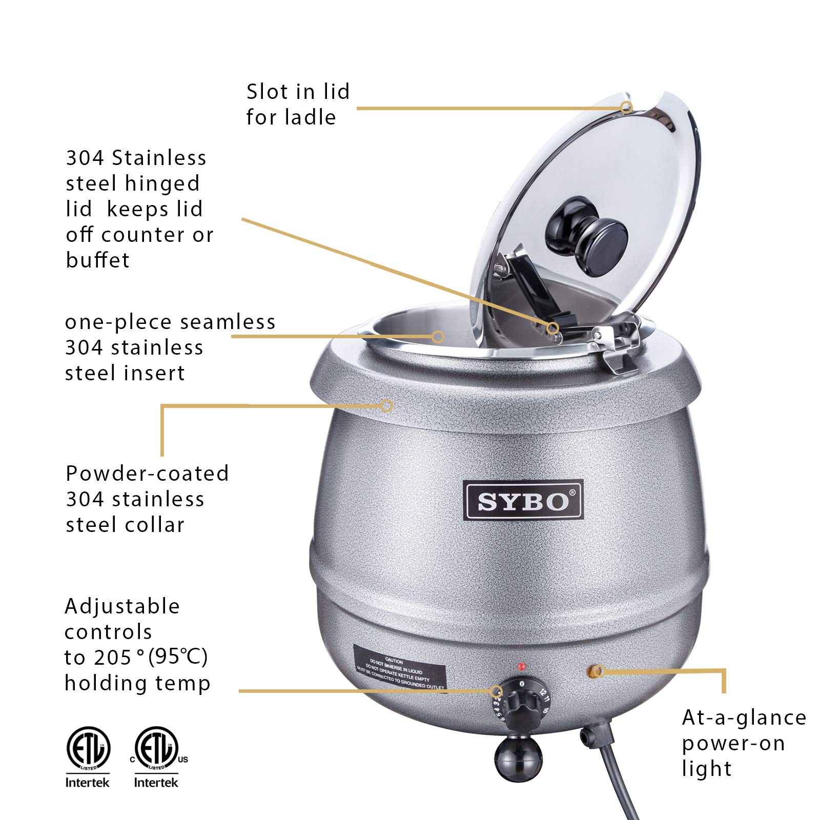 SYBO SB-6000-2G Commercial Grade Soup Kettle with Hinged Lid and Detachable Stainless Steel Insert Pot for Restaurant and Big Family, 10.5 Quarts, Silver