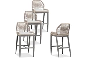 PURPLE LEAF Patio Bar Stool Bar Height Set of 4 Outdoor Rattan Chairs with Back Modern Aluminum Woven Barstools for Garden Indoor Kitchen Light Gray