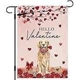 DLZDN Hello Valentine Dog Garden Flag Love Heart Golden Retriever Flag 12×18 Inch Double Side Vertical Burlap Farmhouse Yard Flag Anniversary Wedding Outdoor House Decoration