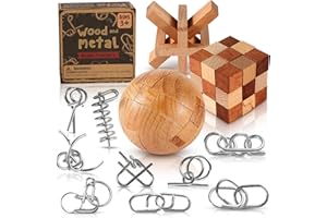 SMALL FISH Metal and Wooden Brain Teaser Puzzles Set 12 Pcs for Kids Teens and Adults, Mind Puzzle Games for IQ Test, Chinese Wire Unlock Logic Toys for Classroom Prizes, Easter Gifts Basket Stuffers Set 2