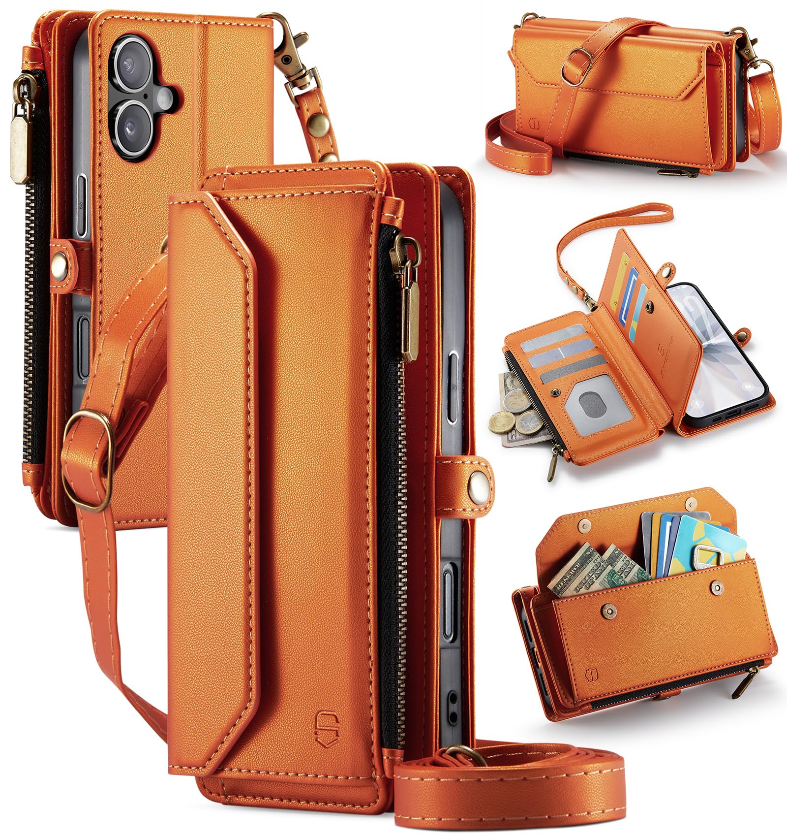 Strapurs Wallet Case Compatible with iPhone 17 6.3" RFID Blocking 9-Card Holder Soft PU Leather Magnetic Snap Shoulder Strap Zipper Pocket Phone Case Fit for iPhone 17 for Women - Orange