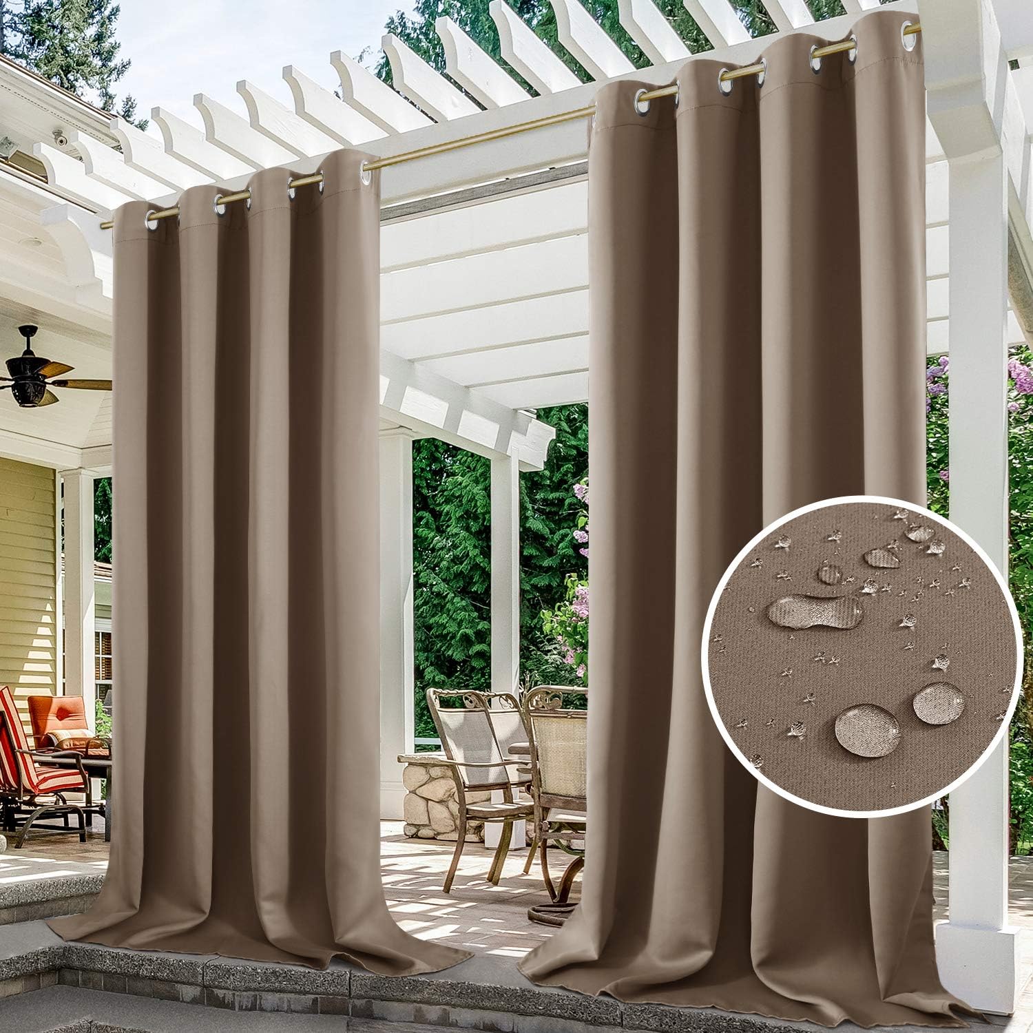 Outdoor Curtains - HOMEIDEAS 2 Panels Tan Outdoor Curtains for Patio Waterproof, 52 X 108 Inch Blackout Outdoor Curtains, Thermal Insulated Coffee Outdoor Patio Curtains for Porch/Pergola/Yard/Sliding Door/Arbor