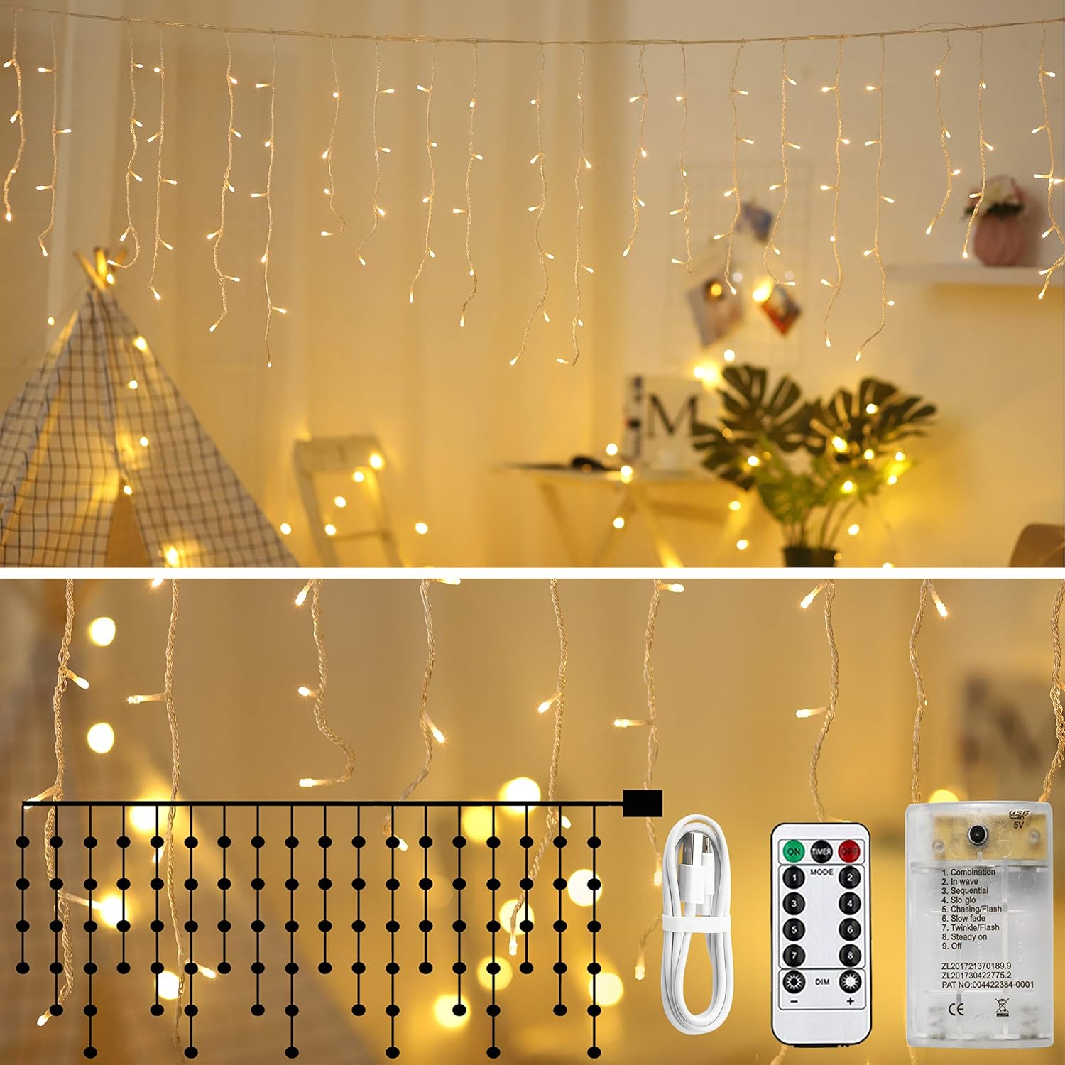 Areskey Icicle Lights 3M 90 LED Window Short Curtain String Light USB