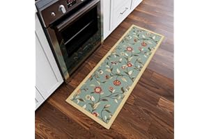OTTOMANSON Machine Washable Floral Leaves Design Non-Slip Rubberback 2x5 Traditional Runner Rug for Hallway, Kitchen, Bedroom, Entryway, 20" x 59", Seafoam Green