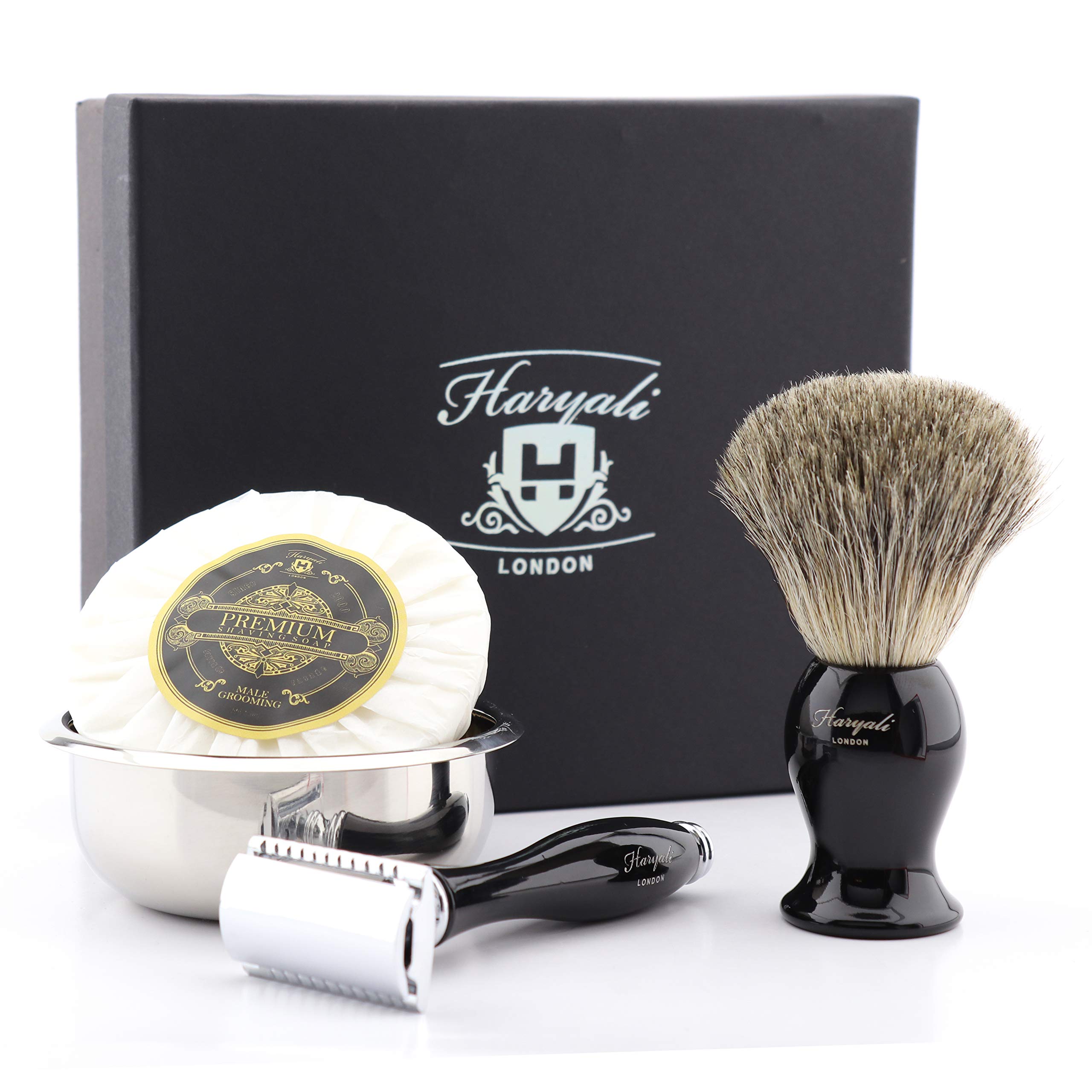 Haryali London Safety Razor Shaving Kit for Men – Classic Double Edge Razor Set with Pure Badger Hair Brush, Shaving Bowl & Soap – Wet Shaving Set for Men, Traditional Grooming Gift Set