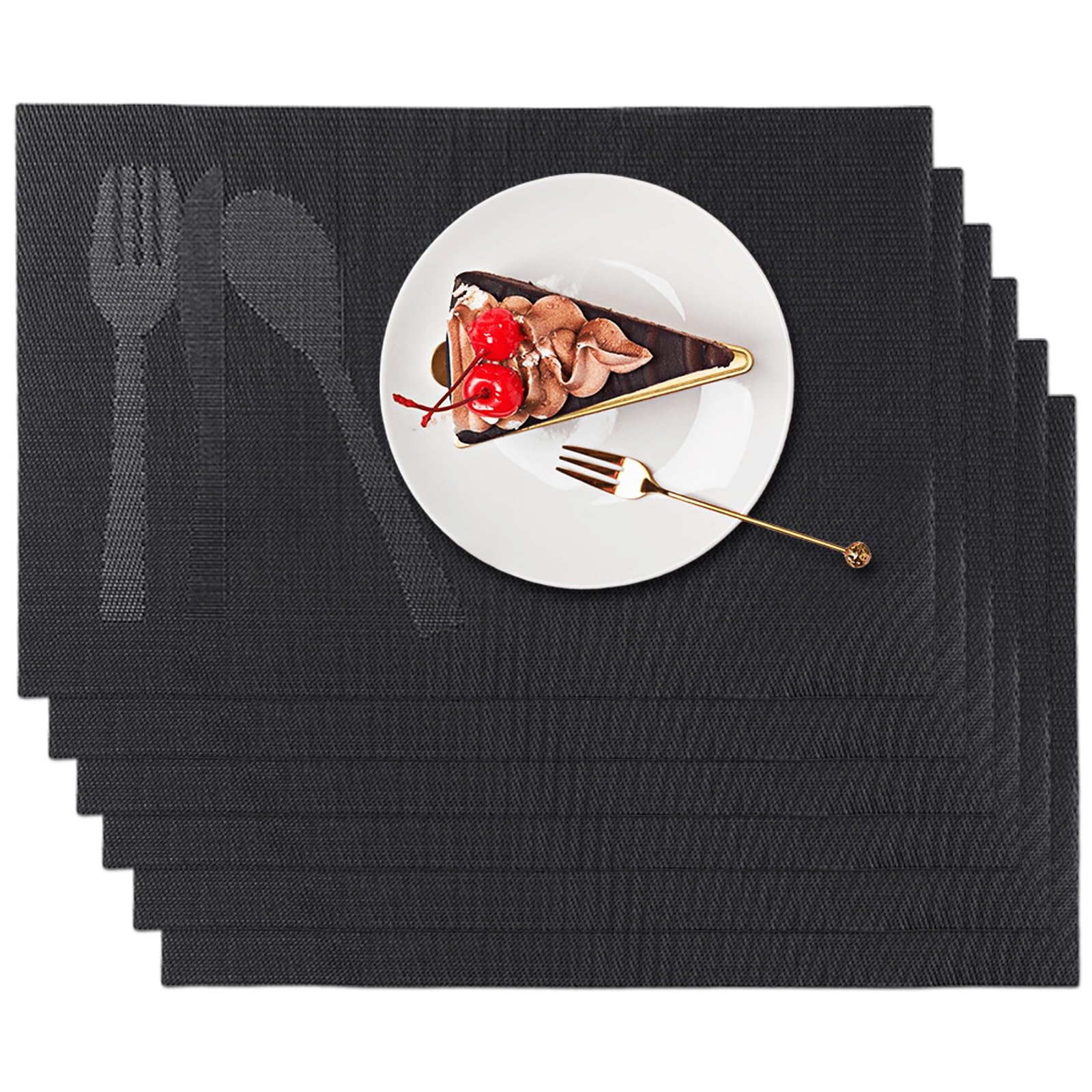 marysgift Table Mats Set of 6 Black Placemats Washable Place Mat for Table Heat Resistant Non-Slip Mat for Dining Washable Durable PVC Vinyl Woven, 17.7"X11.8" (Black D)