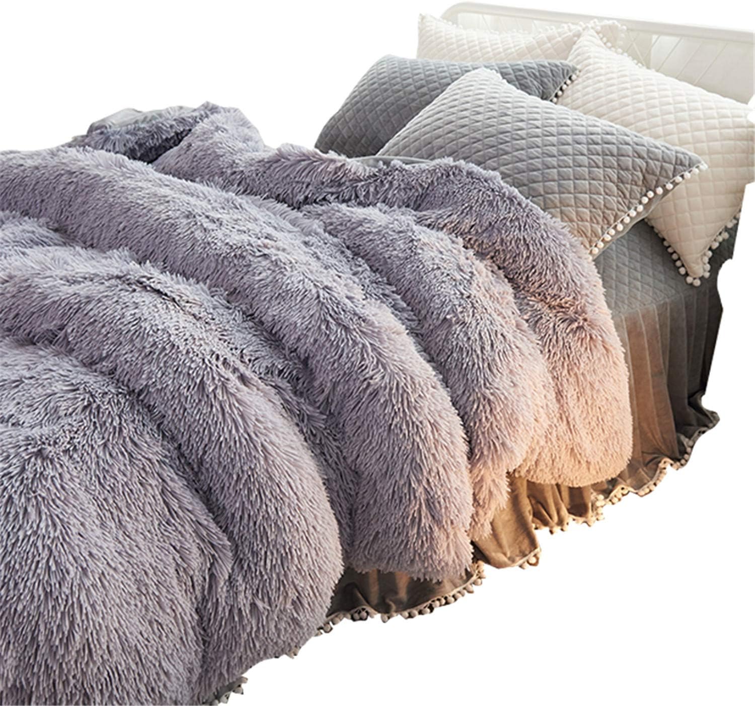 Lotus Karen 4 Piece Shaggy Bedding Set(1Duvet Cover/1Bed Skirt/2Pillowcases)-Super Soft Fuzzy Plush Flannel Bedding-Luxury Faux Fur Warm Fluffy Bed Set