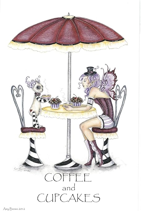 Amazon Com Amy Brown Print 5 5 X 8 5 Fairy Faery Coffee And Cupcakes Posters Prints