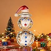 vskikris Crystal Snowman Figurine Decorations Christmas Glass Figurine Ornament with Red Hat, Festive Holiday Table Decor Xmas Gift & Collectible Paperweight
