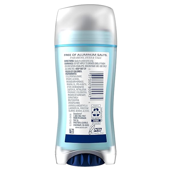 SECRET ALUMINUM FREE DEODORANT FOR WOMEN, 48HR ODOR PROTECTION, NATURALLY DERIVED INGREDIENTS, FREE OF PARABENS DYES TALC & BAKING SODA, PH BALANCING MINERALS, DRY SOLID, LAVENDER SCENT, 2.4 OZ