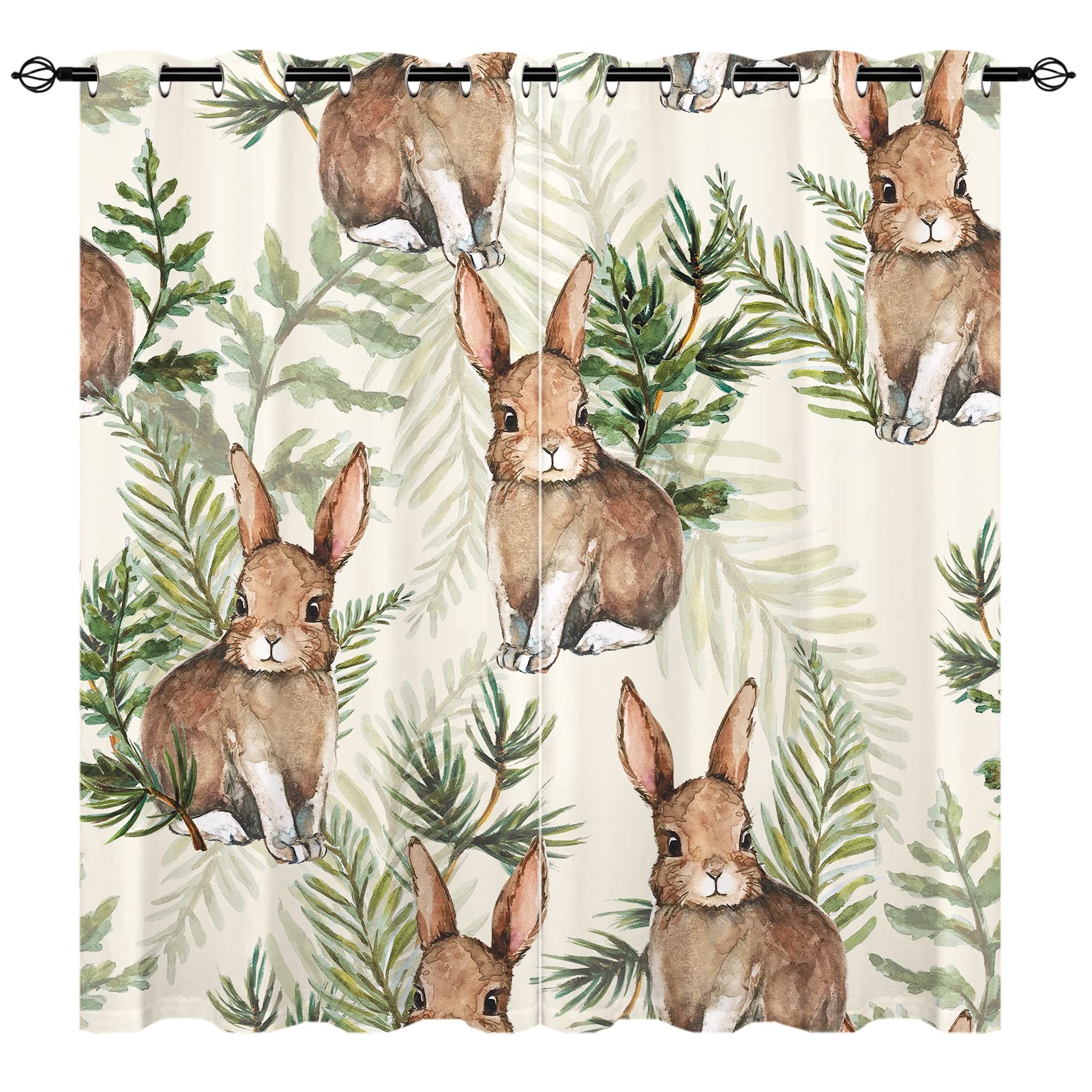 YUANZU Rabbit Curtains - Kids Leaf Watercolor Woodland Bunny Print Pattern Eyelet Blackout Thermal Insulated & Room Darkening Window Drapes for Baby Boys Girls Bedroom 2 Panels W117cm x D137cm