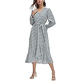 Women's Floral Bohemian Dress Long Sleeve Wrap V Neck Ruffle Flowy Maxi Casual Tie Waist Boho Asymmetrical Vacation Dresses