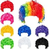 Lyrow 9 Pcs Multicolored Clown Wigs Short Curly Afro Wig Rainbow Clown Hair Funny Party Cosplay Halloween Costume Accessories for Adults Prank, Black Blue Pink White Red Yellow Purple Green