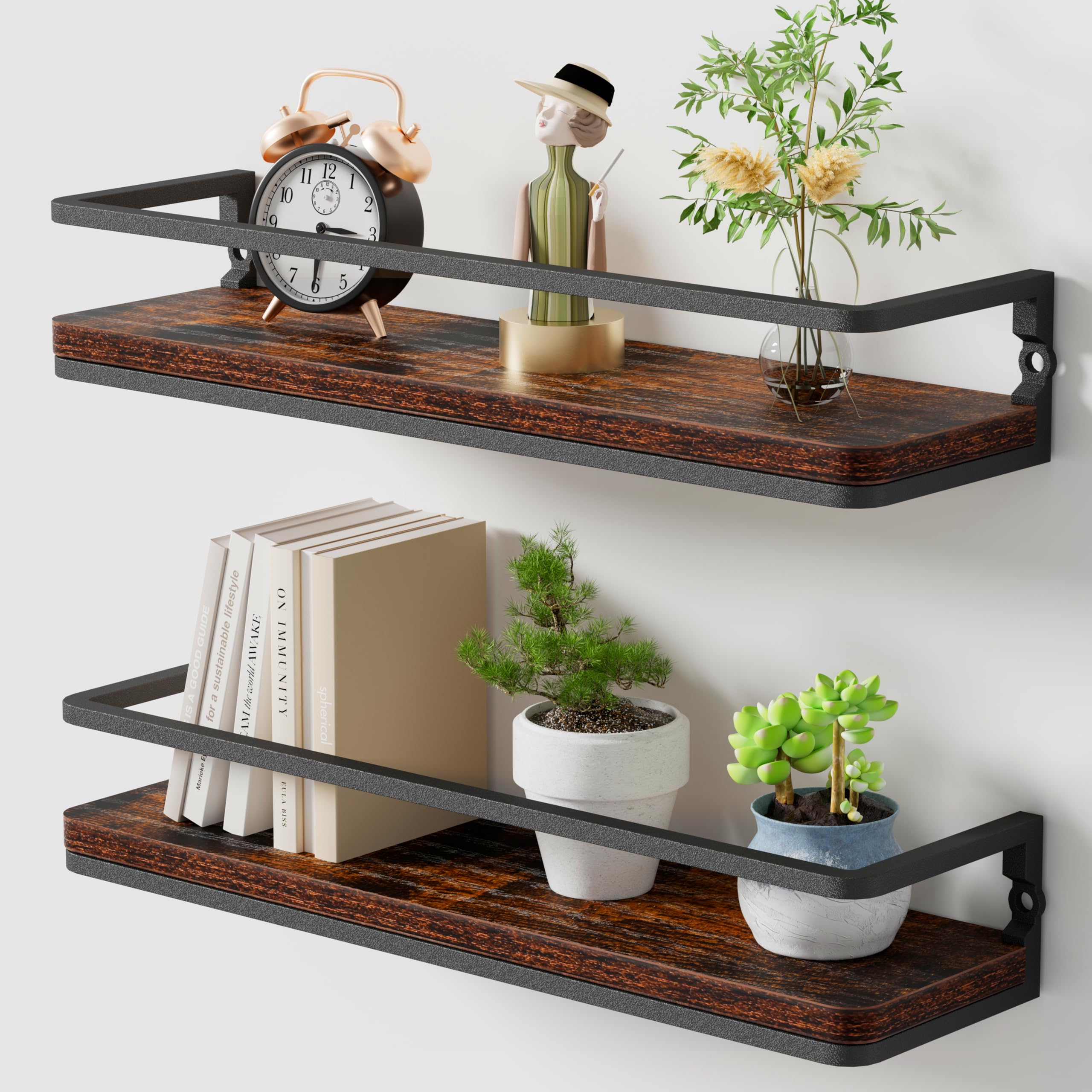 AFAjwsc 2-Pack Rustic Wood Floating Shelves, Wall Mounted, Set of 2, Bathroom, Kitchen, Bedroom, Office Storage, 42cm