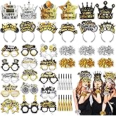 HOWAF 45 Pcs Black Gold silver New Year's Eve Party Supplies Kit, 2026 Happy New Year Eve Shiny Firework Party Supplies-New Year Headband Eyeglasses Noisemaker wreath for NYE Supplies 2026