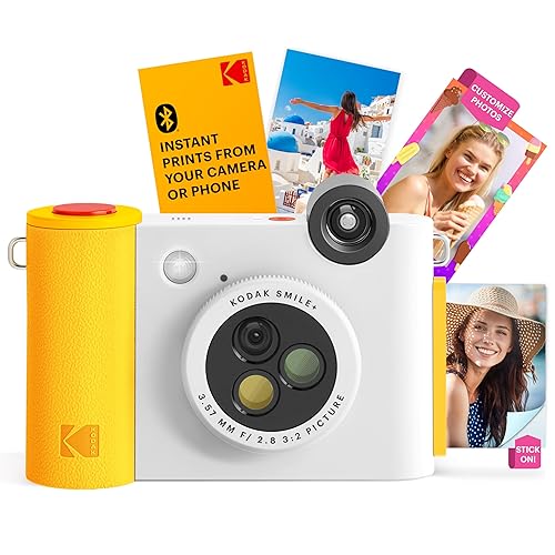 KODAK Smile+ 2-in-1 Digital Instant Print Camera & Wireless Bluetooth Photo Printer - 10MP, Special-Effect Rotating Lens, Zink 2x3” Sticky-Back Photos, Print via Fun App from Smart Devices - White