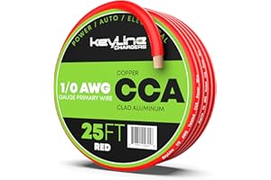 KEYLINE CHARGERS 1/0 Gauge Amp Wire - 25ft Red | Best Used for Battery Cable, Marine Speaker Wiring, Solar Systems for RV Trailer, Car Audio Speaker, 8 AWG Automotive Copper Clad Aluminum (CCA)