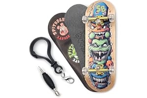 SPITBOARDS® 32 x 96 mm Fingerboard Complete Wood Set-Up Assembled, 5-Layers, Silver Trucks with Bushings and Nuts, Transparent CNC Bearing Wheels, Lasered Foam Grip Tape Mad Stake