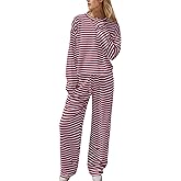Ythomm Striped Pajamas Womens 2 Piece Sets Long Sleeve Tee Shirts Drawstring Wide Leg Pants Matching Sets Fall Lounge Outfits
