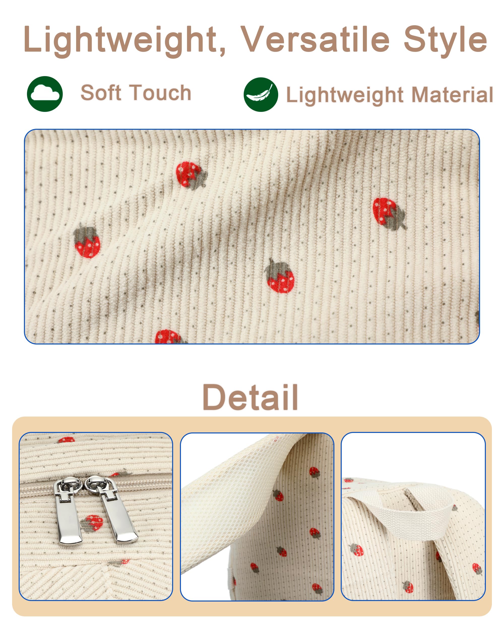 School Backpack for Teens Girls Women 15.6 Inch Laptop College Backpacks Corduroy Work Bag Kids Elementary Middle High Campus Bookbag Students Pack Travel Daypack Womens - Beige Strawberries