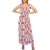 Imily Bela Womens Summer Floral Boho Dress Tie Strap Square Neck Smocked Ruffle A Line Beach Long Maxi Dresses