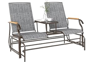 Outsunny 2 Person Outdoor Glider Bench, Patio Swing Glider Chair Loveseat with Breathable Mesh, Table, Steel Frame for Garden, Backyard, Porch, Gray