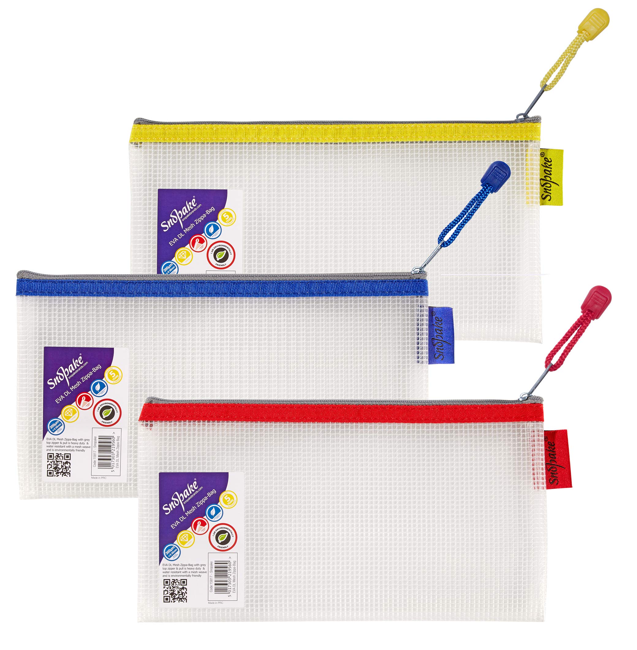 Snopake DL Heavy Duty EVA Mesh Zippa-Bag [Pack of 3] 240 x 130 mm – Transparent/Assorted [15817]