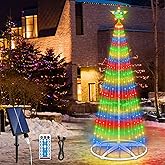 Outdoor Solar Christmas Cone Tree Lights, 6ft 252 LED Christmas Tree Light Show with Star Topper, 8 Modes Timer Remote Lighted Artificial Tree for Xmas Patio Yard Porch Holiday Party Decor, Multicolor
