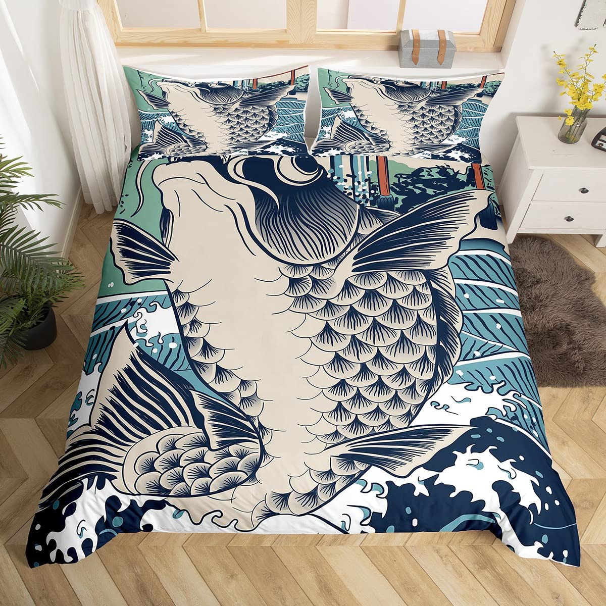 Japanese Fish Duvet Cover Boys Girls Blue Hokusai Wave Bedding Set For Kids Teens Ultra Soft Exotic Ocean Fish Comforter Cover Set Blue Teal Bedspread Cover Double Size