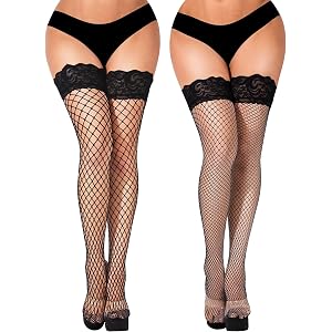 VOAKOW 2 Style Mesh Fishnet Thigh High Stockings Silicone Lace Top Thigh High Fishnet Stockings