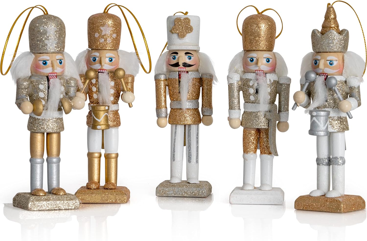 Nutcrackers - Ornativity Nutcracker Hanging Ornament Figures – Gold and Silver Glittered Christmas Mini Wooden King and Soldier Nutcrackers Xmas Tree Ornament Set – 5 Pieces