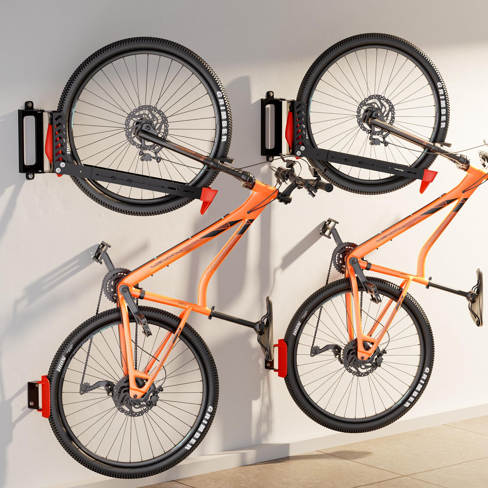 Photo 1 of 2-Pack Swivel Bike Rack Wall Mount, Bike Hangers for Garage, Space-Saving Vertical Bike Holder, Holds up to 77 lbs, Bicycle Wall Hanger Storage, No Heavy Lifting Required Indoor Hanging Bike Rack-Red