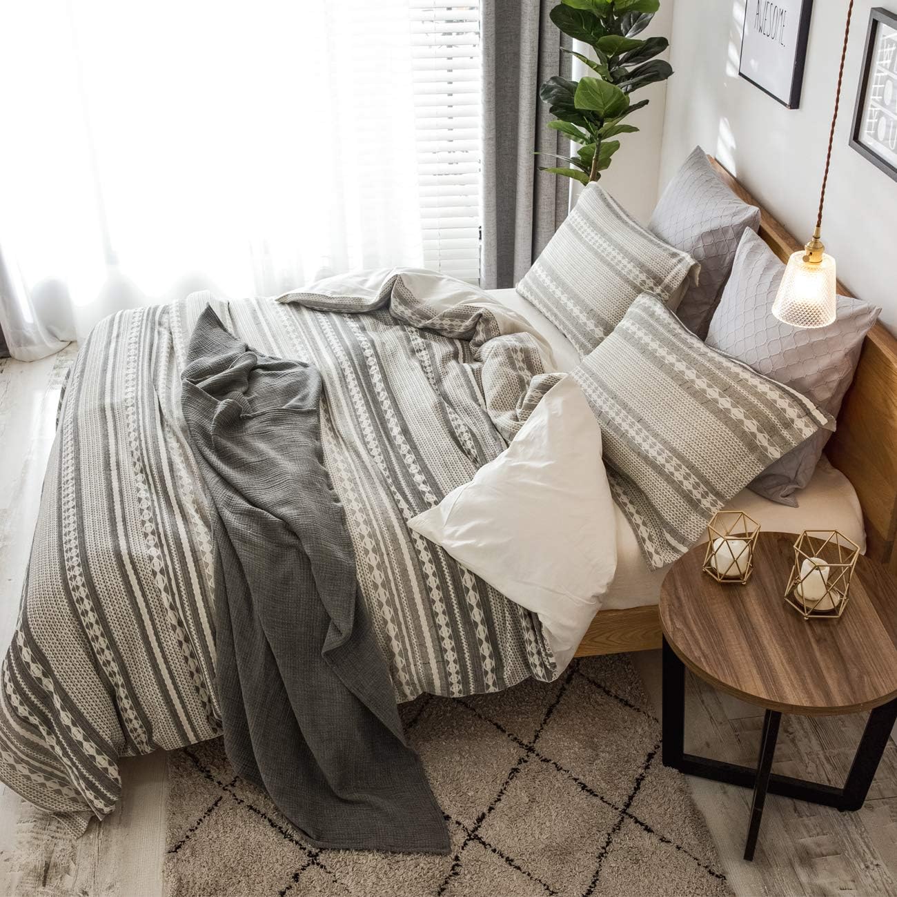 PHF Cotton Boho Textured Duvet Cover Set - Geometric Pattern Bedding Yarn Dyed Jacquard Stripe - Soft and Cozy, Suitable for All Season - 3 Pieces, King (106” x 92”), Grey: Home & Kitchen