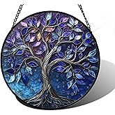 DASTOLL Stained Glass Window Hanging, Blue Purple Tree of Life Sun Catchers Colorful Glass Panel Plants Suncatcher Decor for Birthday for Women,Men,Wife, Lovers, and Mom 6.3 in