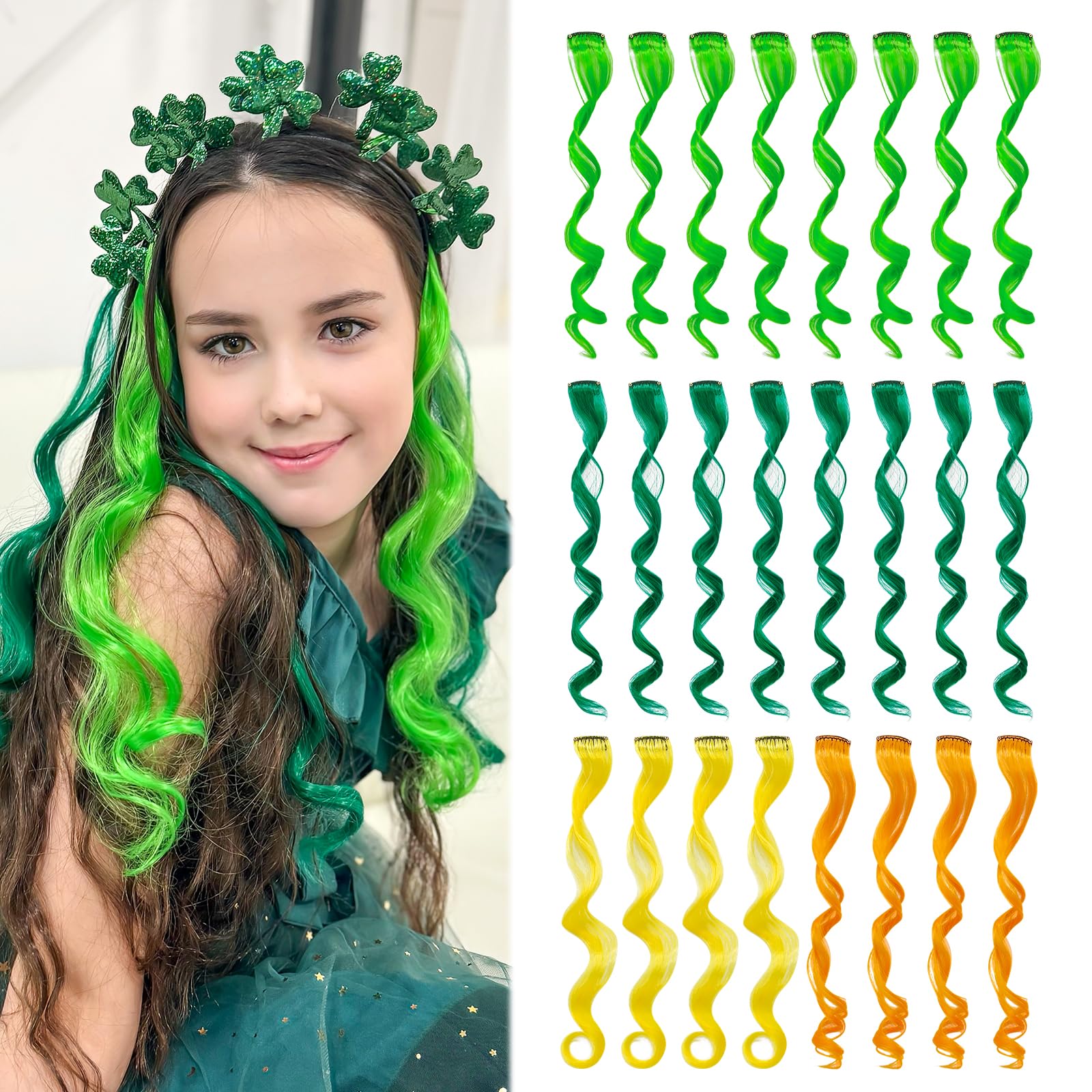 Dreamlover Green Hair Accessories for Girls, Orange Hair Extensions for Cosplay, Yellow Hair Accessories, 4 Colors, 24 Pieces