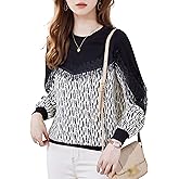 LAI MENG FIVE CATS Women's Casual Patchwork Tunic Shirt Print Long Sleeve Pullover Round Neck Blouse Tops