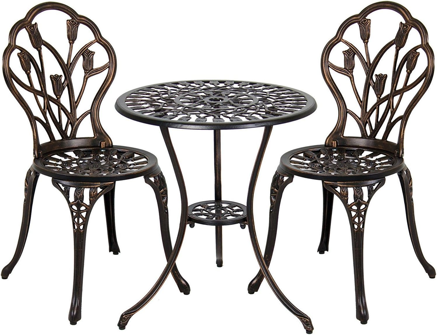 Amazon Com Vanteriam Outdoor Patio Furniture Cast Aluminum 3 Piece Bistro Set In Bronze Two Chairs And One Table W Umbrella Hole Tulip Design Garden Outdoor