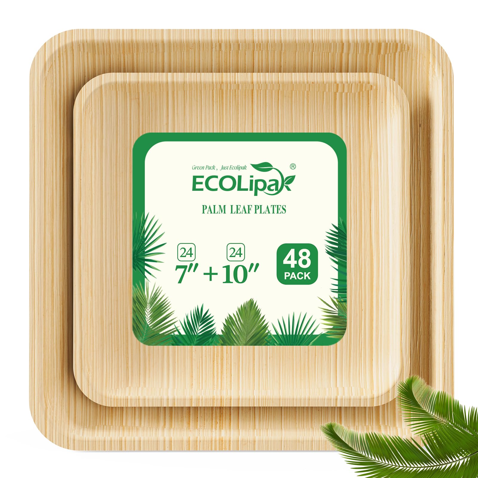 Photo 1 of ECOLipak 48 Pack Compostable Palm Leaf Plate Like Bamboo Plate, 10 Inch and 7.85 Inch Disposable Biodegradable Plates Suitable for Party, Dinner