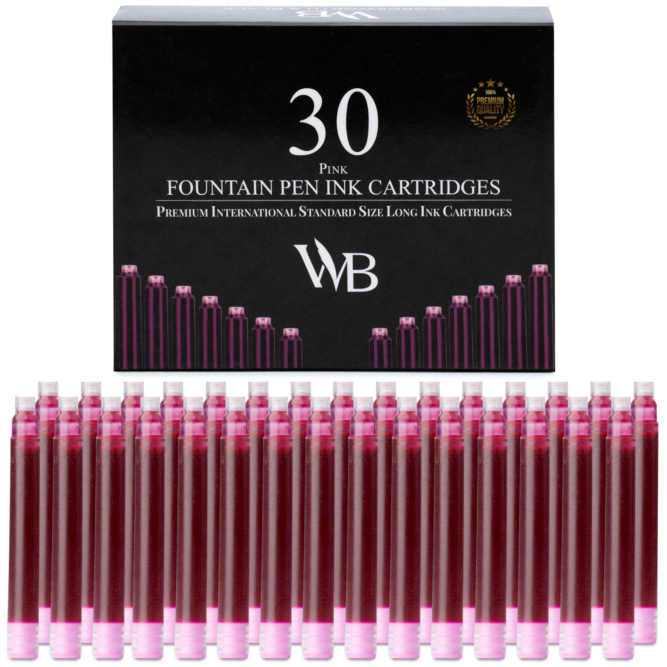 Wordsworth & Black Fountain Pen Ink Refills - Set of 30 Pink Ink Cartridges - International Standard Size - Length APPR 2.3" - Base Diameter APPR 0.24 Inch - Disposable and Generic