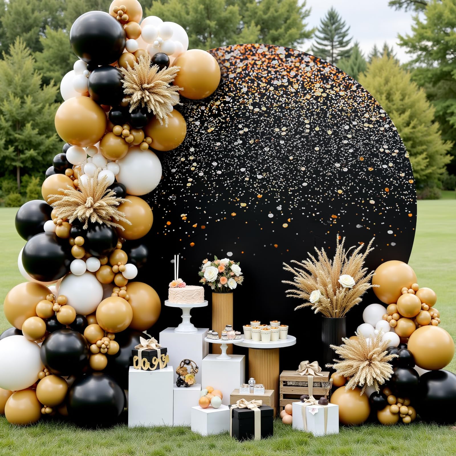 Photo 1 of Gallety 7.2 FT Black and Gold Round Backdrop Cover for 5 to 7.2FT Circle Arch Stand - Adjustable Sparkly Glitter Circle Backdrop Cover for Wedding Graduation 1920s Party Gold Birthday Decorations