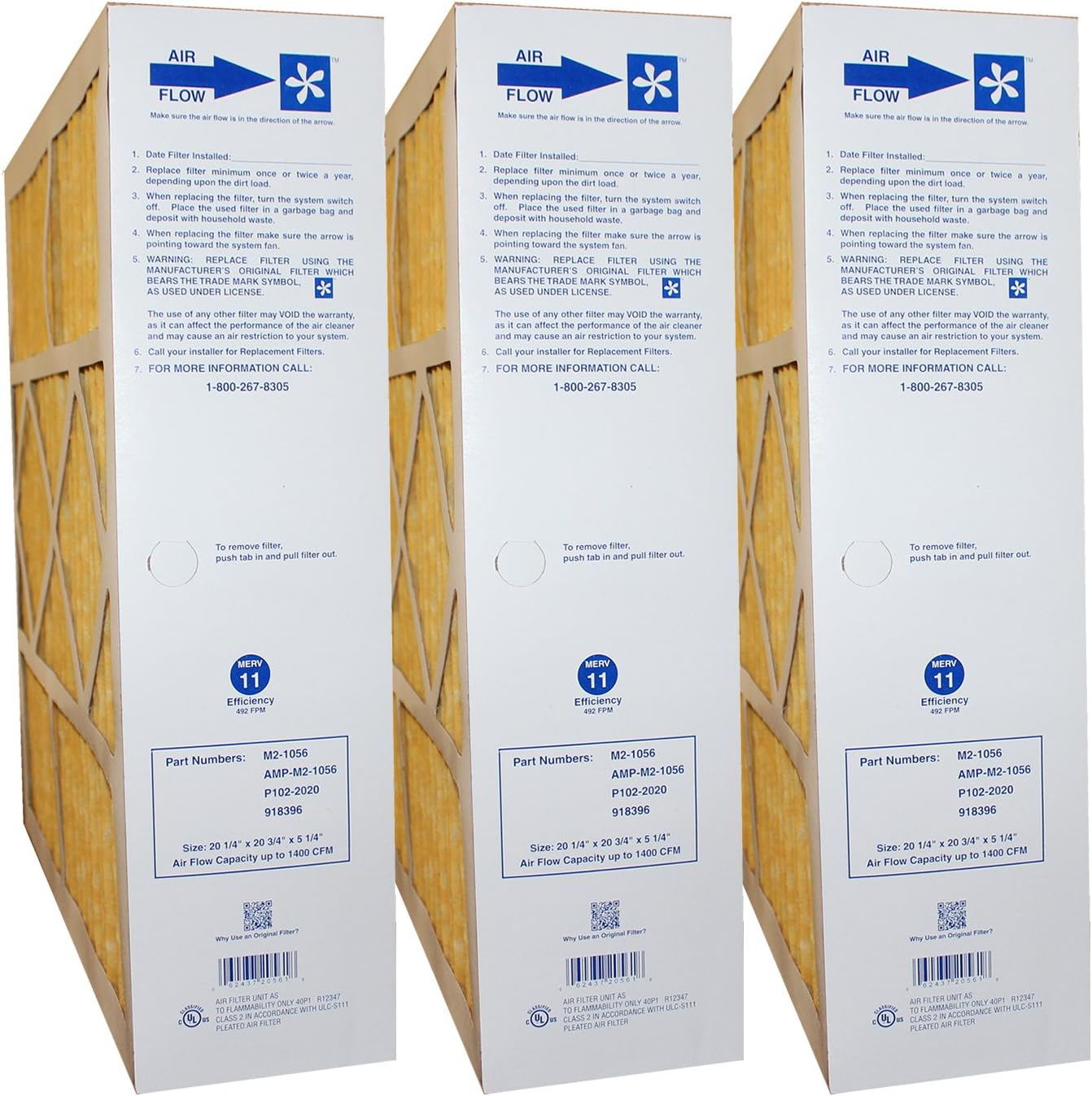 Genuine Original Part # M2-1056 MERV 11 Size 20x20x5 (Actual Size: 20-1/4" x 20-3/4" x 5-1/4") Case of 3