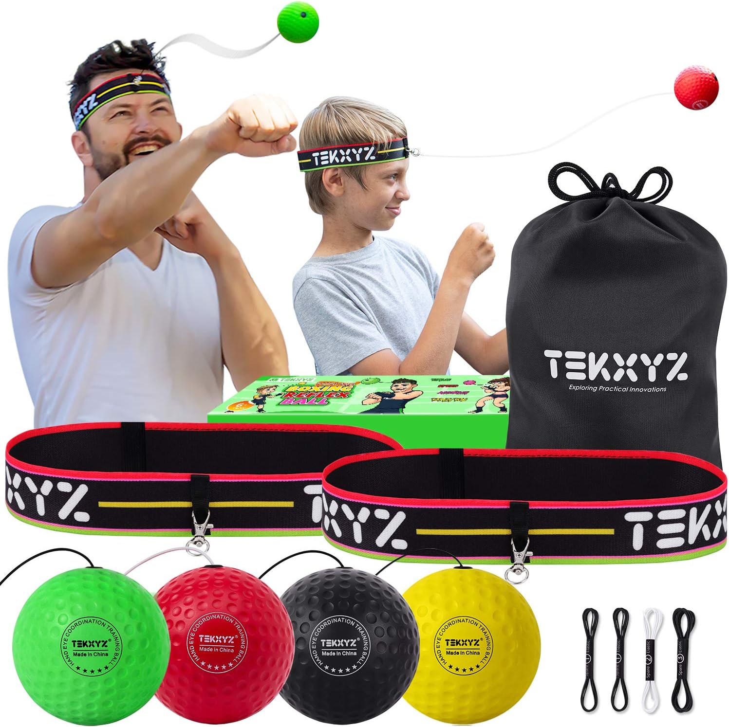 TEKXYZ Boxing Reflex Ball Family Pack | 2 Adjustable Headbands + 2 Novice Reflex Balls + 1 Veteran Reflex Ball + 1 Boxer Reflex Ball and More : Sports & Outdoors